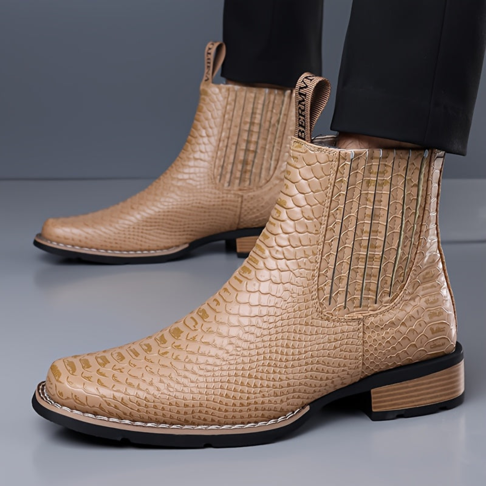 Herren Stiefelette Kroko-Prägung Quadratische Spitze Elastikeinsätze