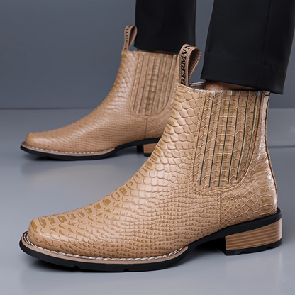Herren Stiefelette Kroko-Prägung Quadratische Spitze Elastikeinsätze