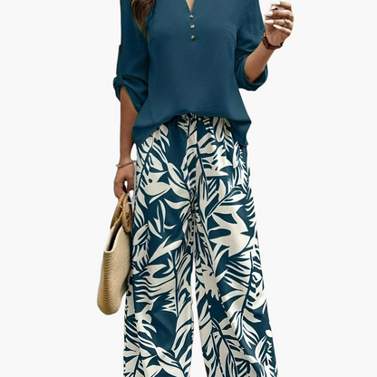 Damen Elegantes Set mit Bluse und Weitbeiniger Hose – Perfekt für Sommer und Freizeit