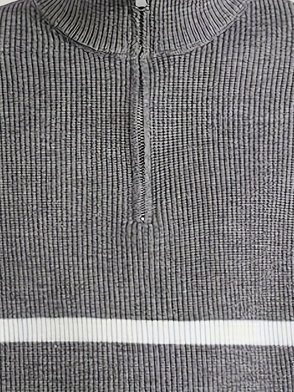 Herren Strickpullover mit Stehkragen und Reißverschluss – Gestreifter Casual Look für Herbst & Winter