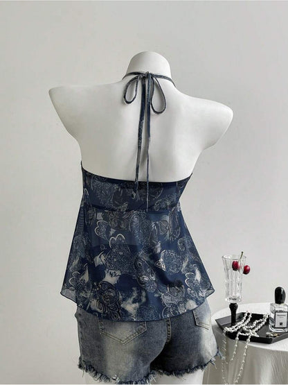 Damen Neckholder-Top im Boho-Stil mit Rüschen und Herzmuster – Modisches Sommer-Peplum für Freizeit und Ausgehen