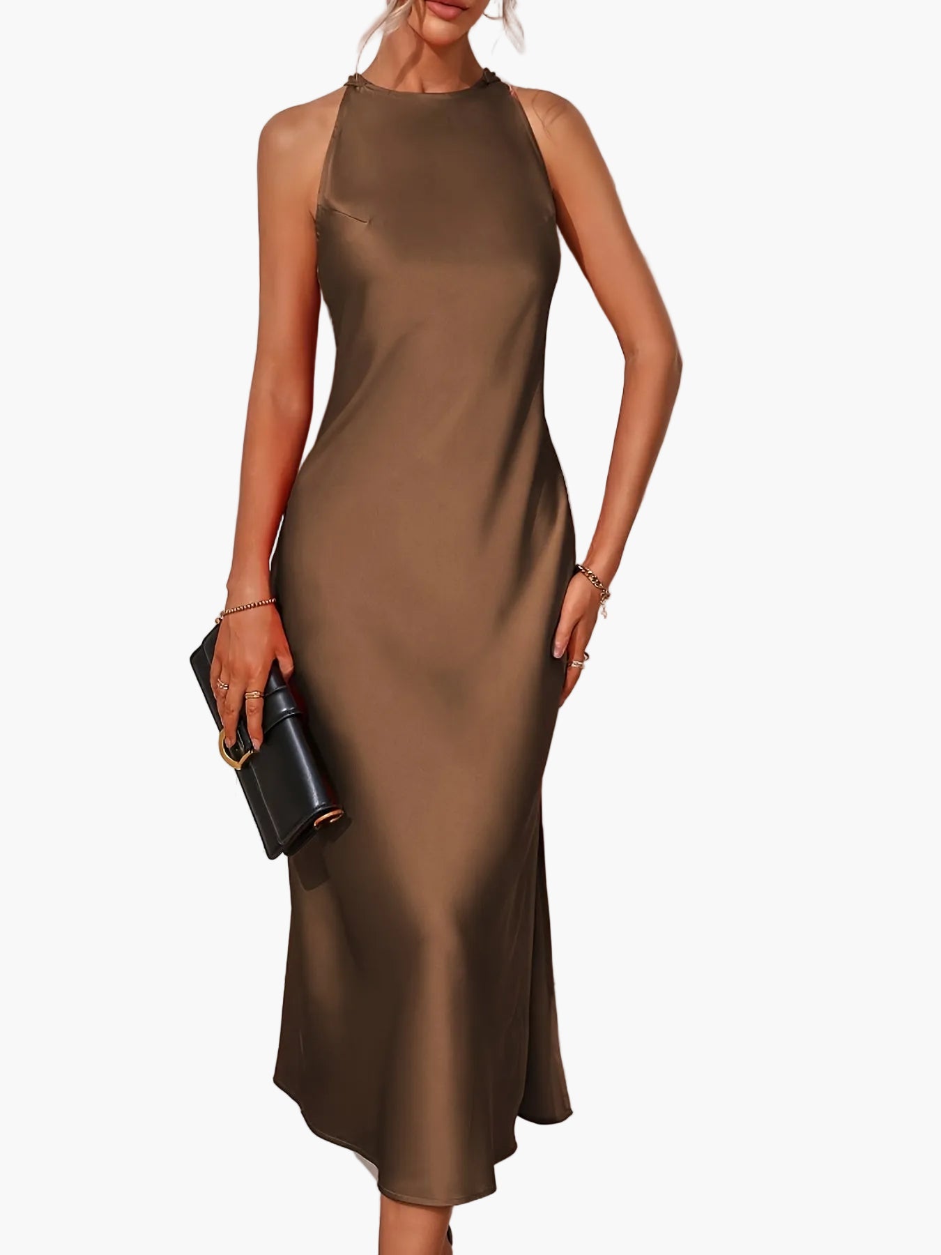 Damen Elegantes Midikleid für besondere Anlässe – Figurbetontes Abendkleid mit hohem Ausschnitt