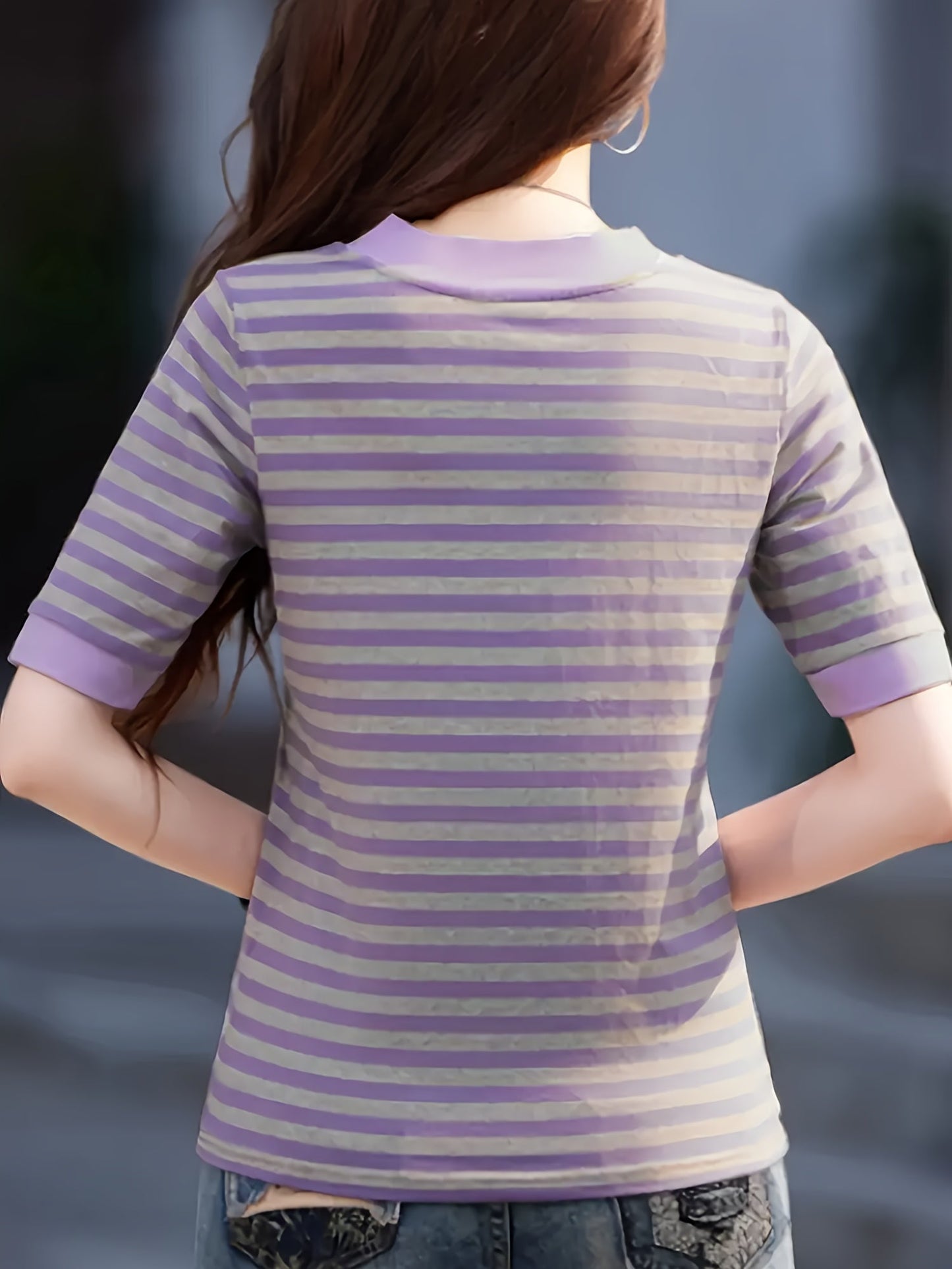 Damen Streifen T-Shirt mit V-Ausschnitt, Kurzarm, Modischer Freizeitstil