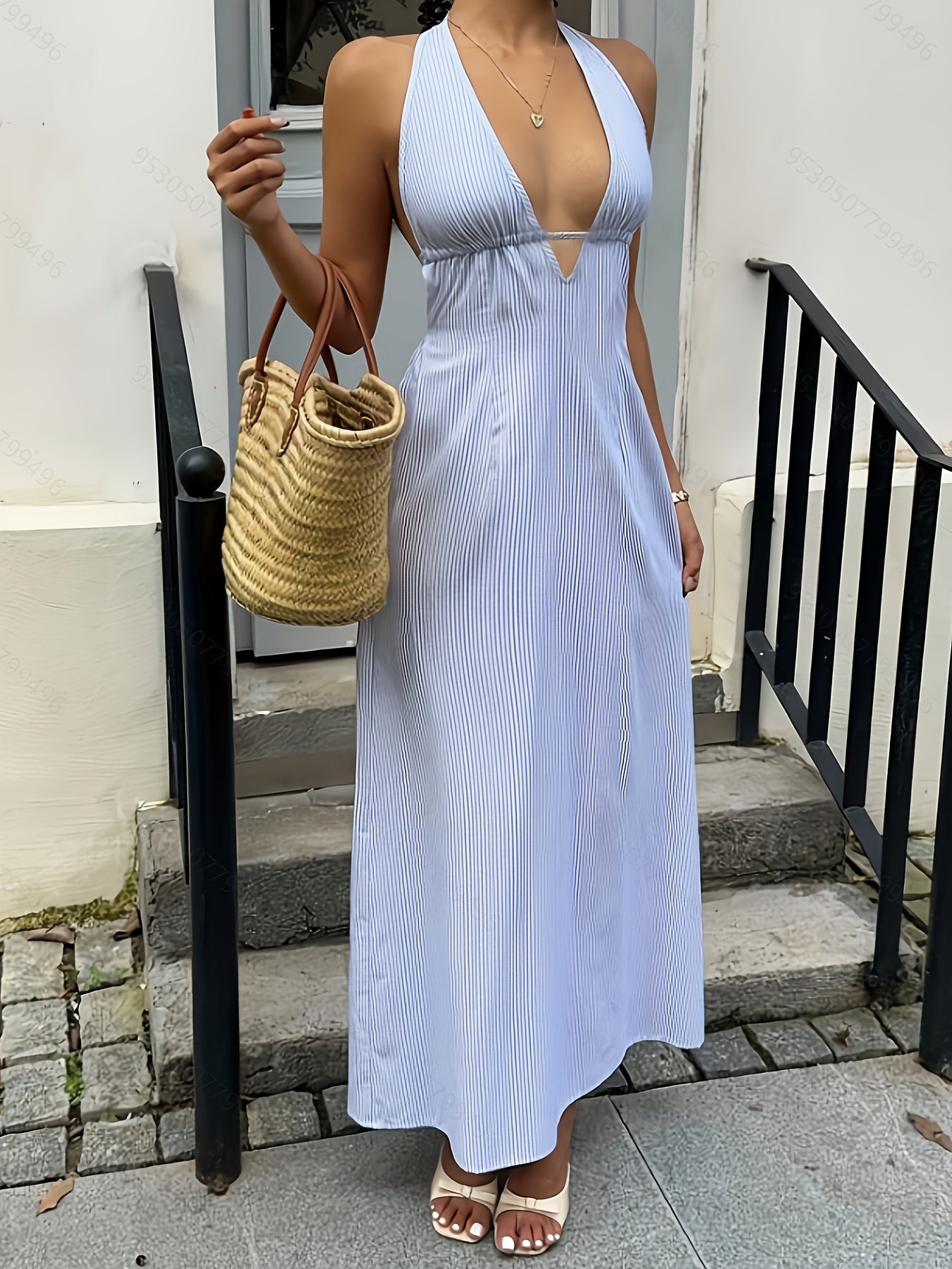 Damen Maxikleid im maritimen Stil mit Neckholder und Streifendesign – Elegantes Sommerkleid für Urlaub und Gartenpartys