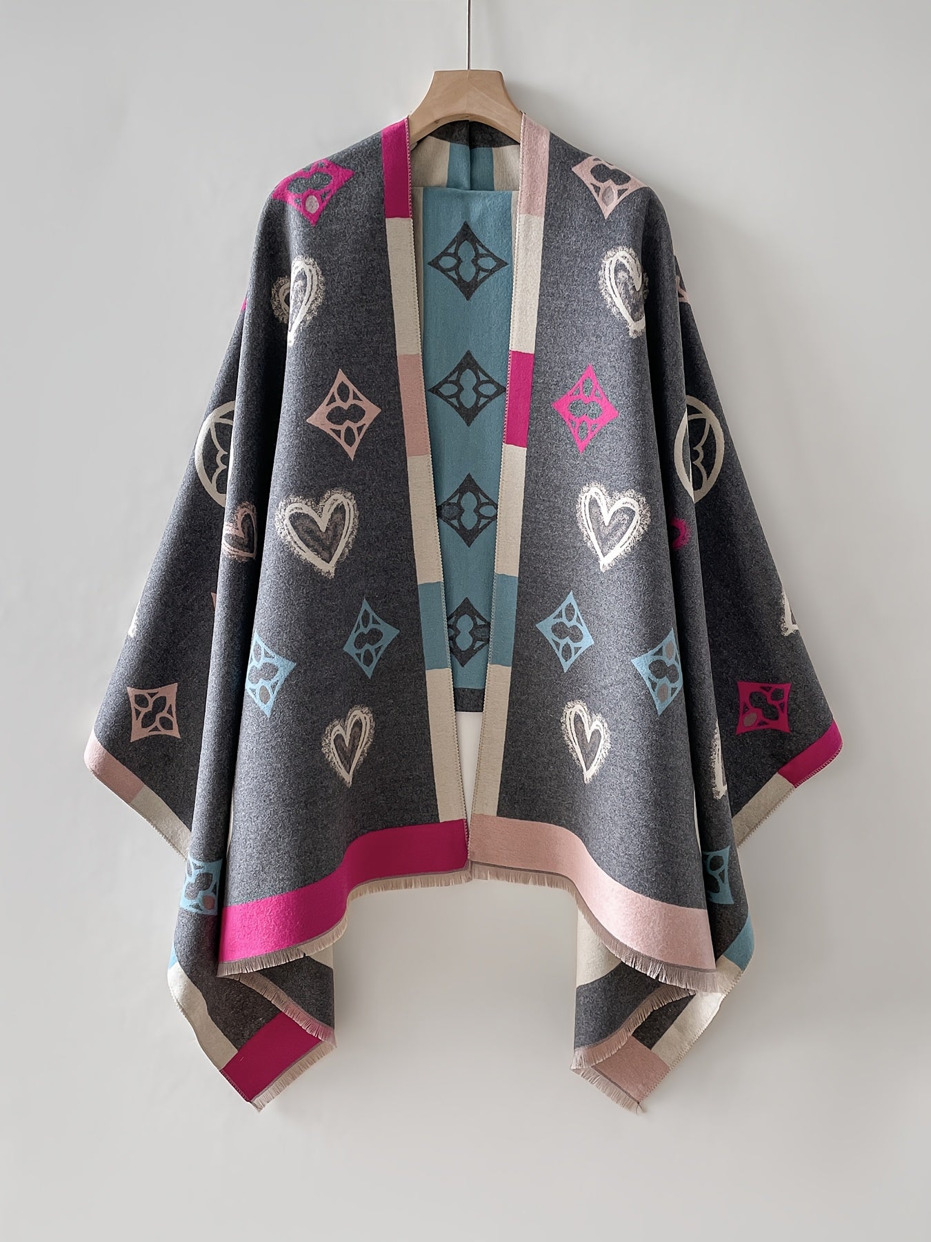 Damen Poncho mit Herz- und Muster-Print, Weicher Umhang mit Fransen, Einheitsgröße