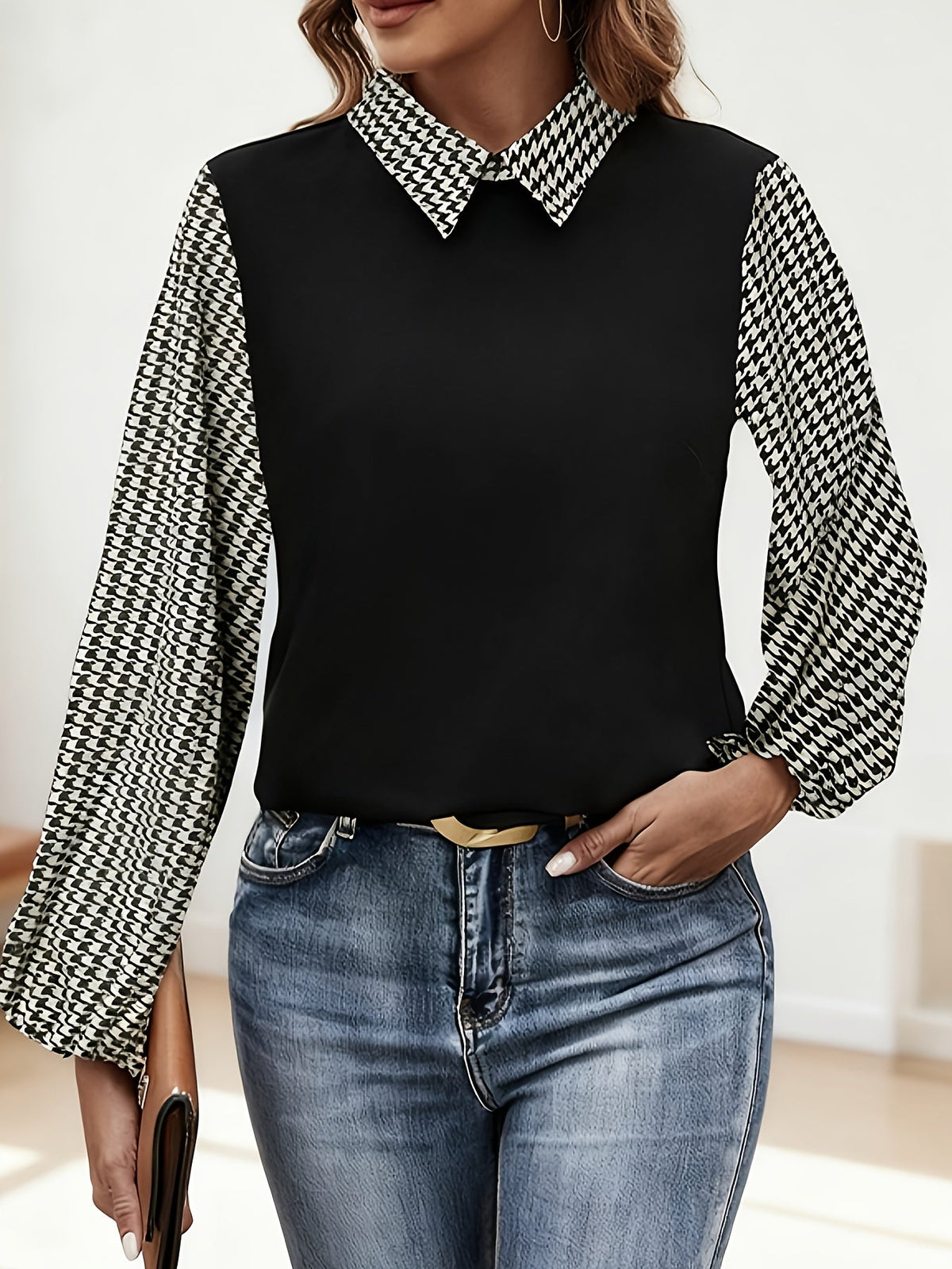 Damen Bluse Schwarz mit Hahnentrittärmeln und Kragen Ballonärmel