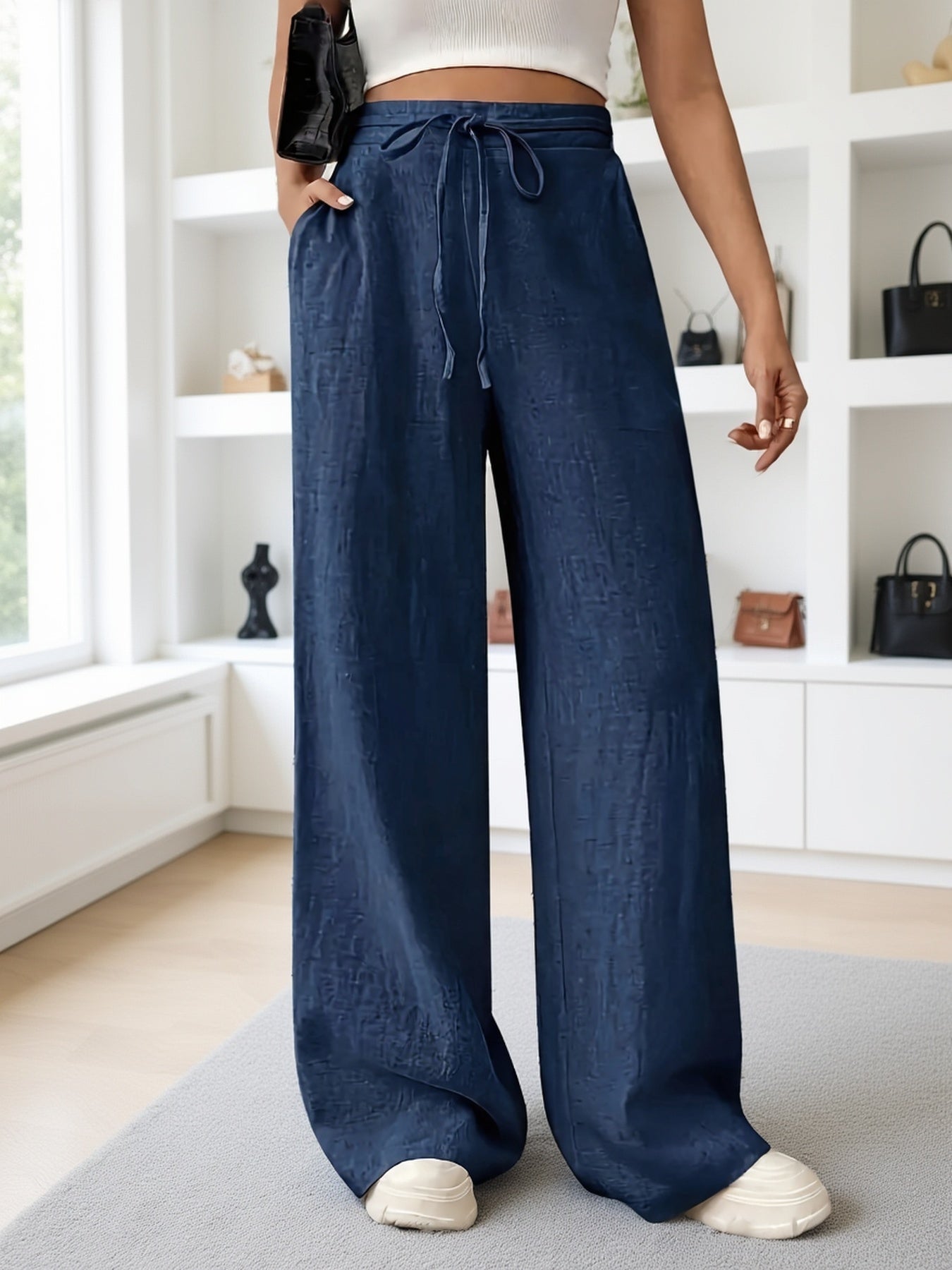 Damen Weite Bein Freizeithose mit Kordelzug – Lässige Loungehose für Alltag und Wochenende