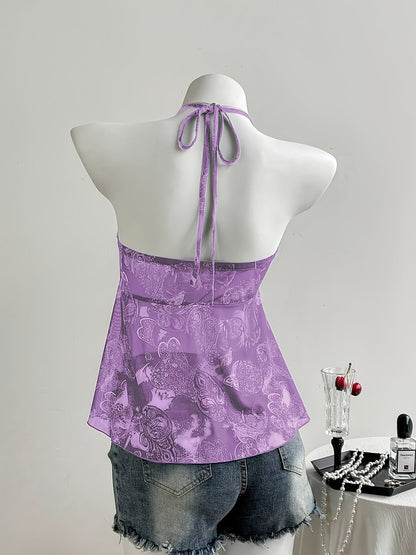 Damen Neckholder-Top im Boho-Stil mit Rüschen und Herzmuster – Modisches Sommer-Peplum für Freizeit und Ausgehen