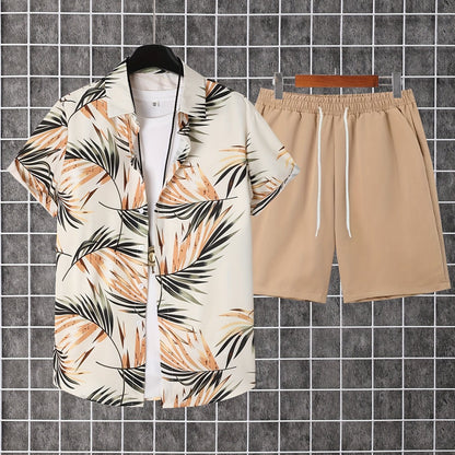 Herren Sommer Freizeit Set – Kurzarm Hemd mit Palmenmuster und Shorts – Perfekt für Urlaub & Strand