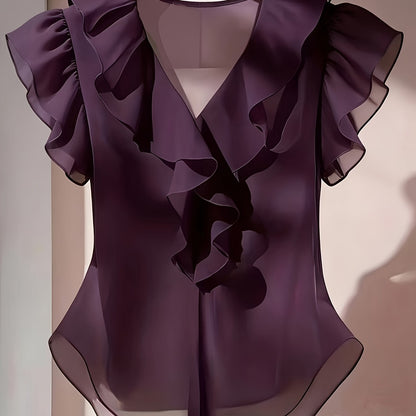 Damen Rüschenbluse mit V-Ausschnitt und Volantärmeln – Elegante Chiffonbluse für Büro und besondere Anlässe