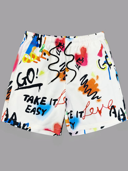 Herren Streetwear Shorts mit Graffiti-Print und Motivations-Sprüchen – Lässige Freizeithose für Alltag und Strand