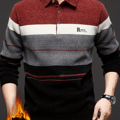 Herren Winter Polo-Pullover mit Kragen, gestreiftes Design und warmem Innenfutter