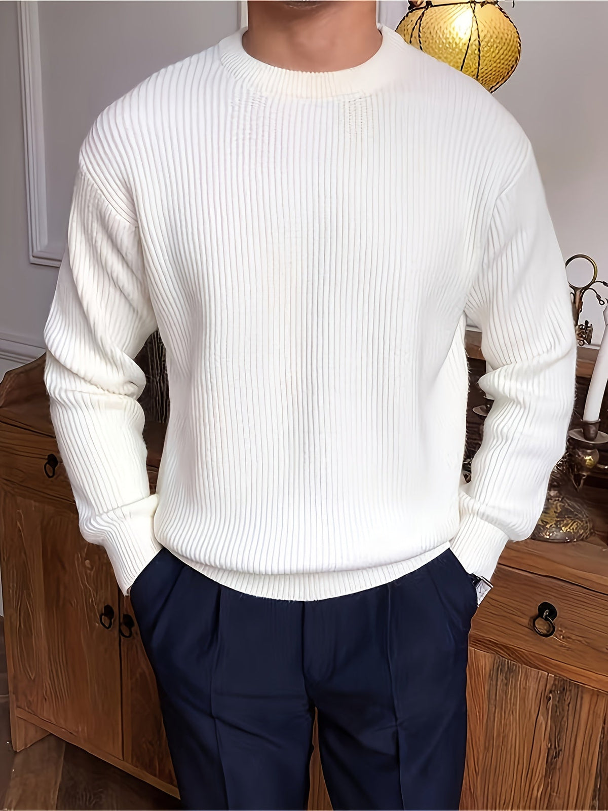 Gerippter Pullover Langarm Rundhalsausschnitt Freizeit Sweater für Herren – Weich & Bequem