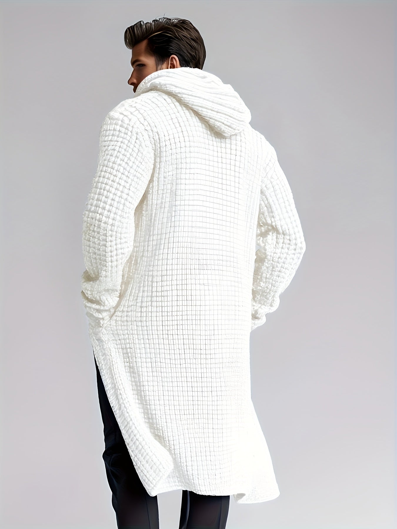 Herren Cardigan Lang Strickpullover Haussweater Dunkelgrau mit Kapuze