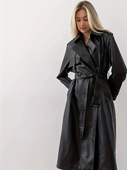 Damen Trenchcoat – Eleganter Veganem Leder-Look, Lang, Doppelreihig, Mit Taillengürtel, Stilvoll Für Herbst & Winter