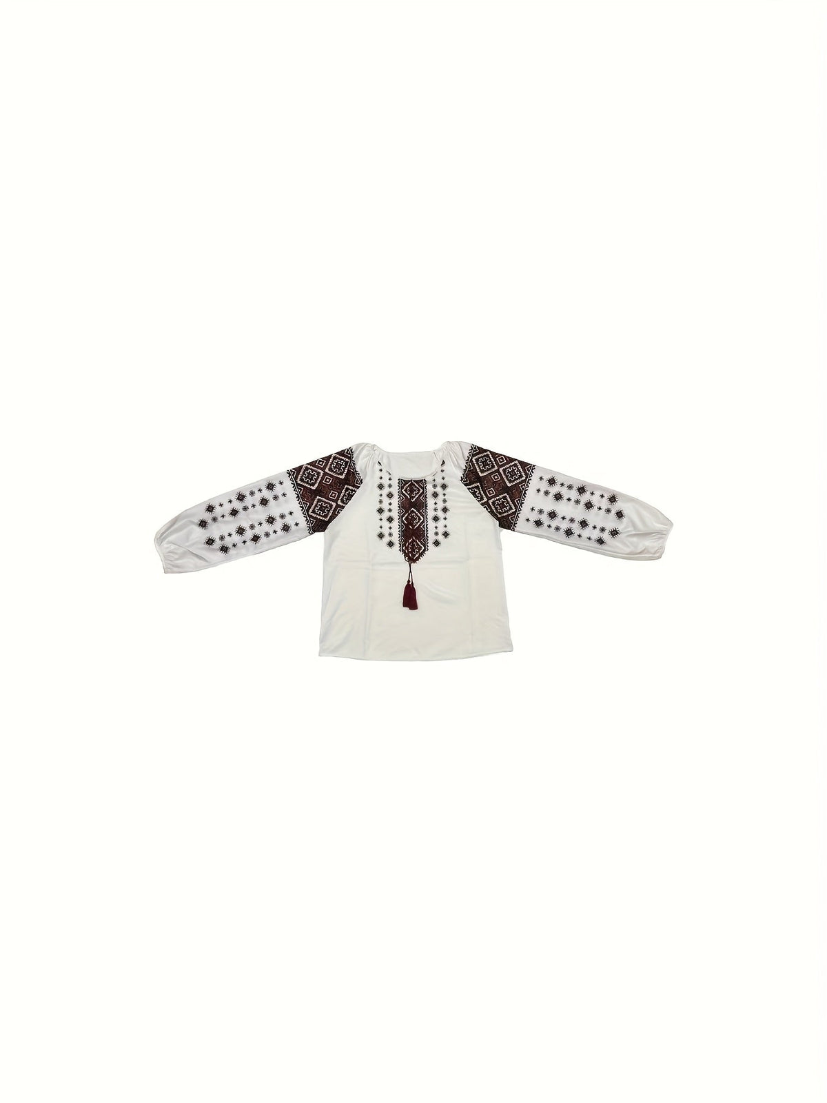 Damen Bluse mit Stickerei Weiß Rote Ethno-Muster Lange Ärmel