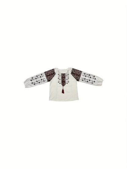 Damen Bluse mit Stickerei Weiß Rote Ethno-Muster Lange Ärmel