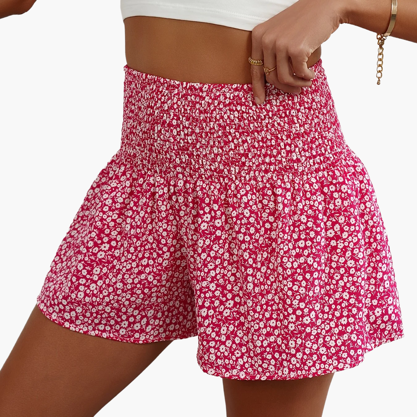 Damen Sommer Shorts mit Blumenmuster und Smokbund – Lässige Freizeitshorts