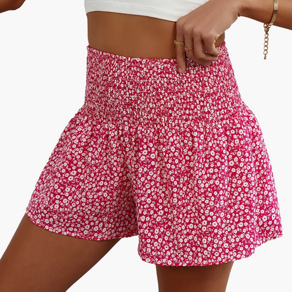 Damen Sommer Shorts mit Blumenmuster und Smokbund – Lässige Freizeitshorts