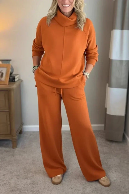 Damen Lounge Set Rollkragen Pullover & Weite Bein Hose Freizeitanzug