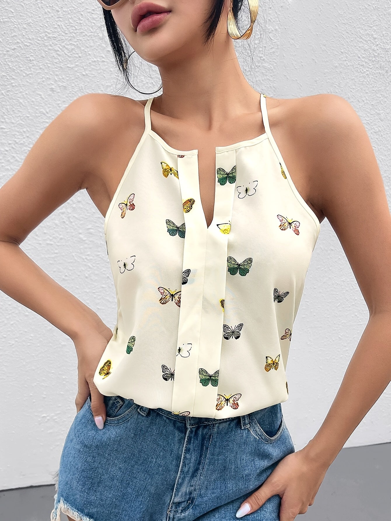 Damen Elegantes Sommertop mit Schmetterlingsprint und Spaghettiträgern – Lässig & Modisch