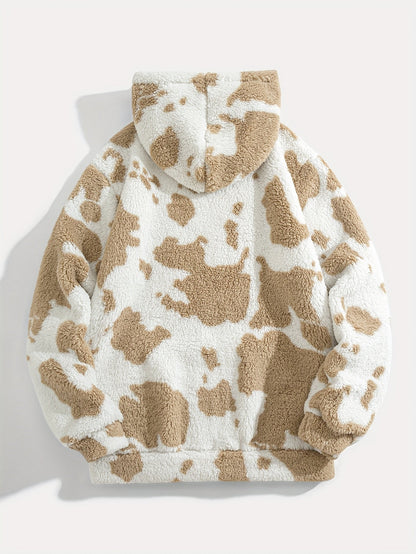 Unisex Teddy Hoodie mit Kuhflecken-Muster Plüschpullover Kapuzenpullover