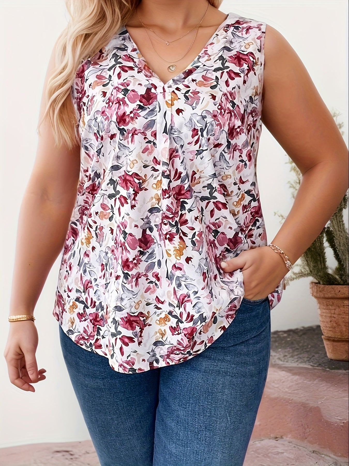 Damen Ärmellose Bluse mit Blumenmuster und V-Ausschnitt – Eleganter Sommer-Style für Alltag und Freizeit