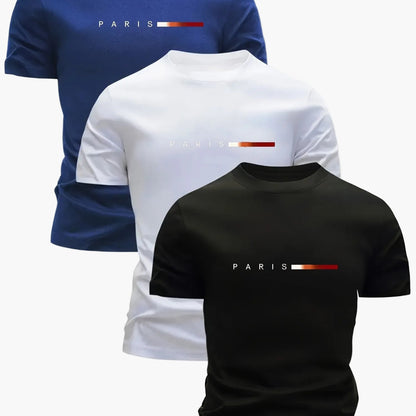 Herren T-Shirt 3er Set – Modernes Paris Print Design, Rundhals, Alltag & Freizeit