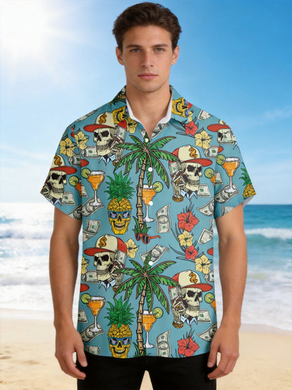 Herren Hawaii Hemd mit Totenkopf, Palmen und Cocktail Print – Extravaganter Freizeitstil für Urlaub & Strand