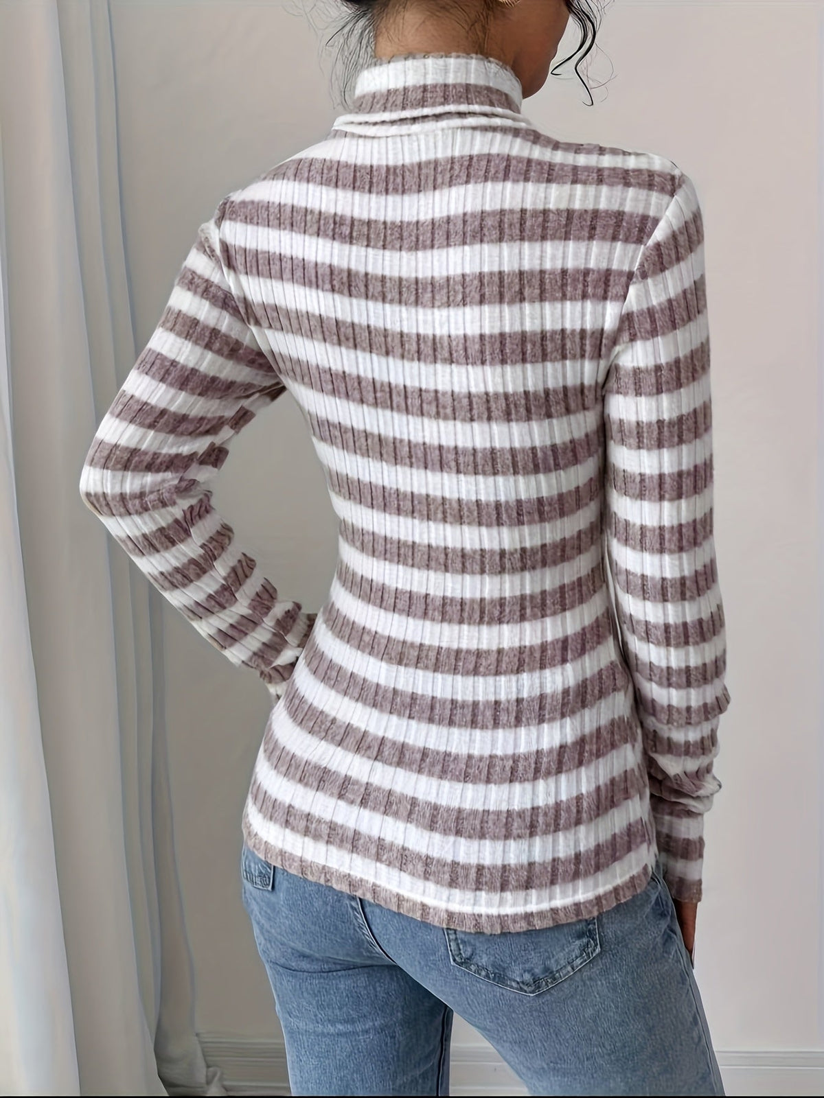 Damen Rollkragenpullover Gerippt Gestreift Langarm Oberteil
