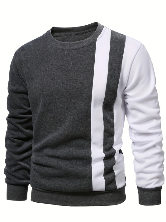 Herren Rundhals Sweatshirt, zweifarbig, Dunkelgrau und Weiß mit vertikalem Streifen