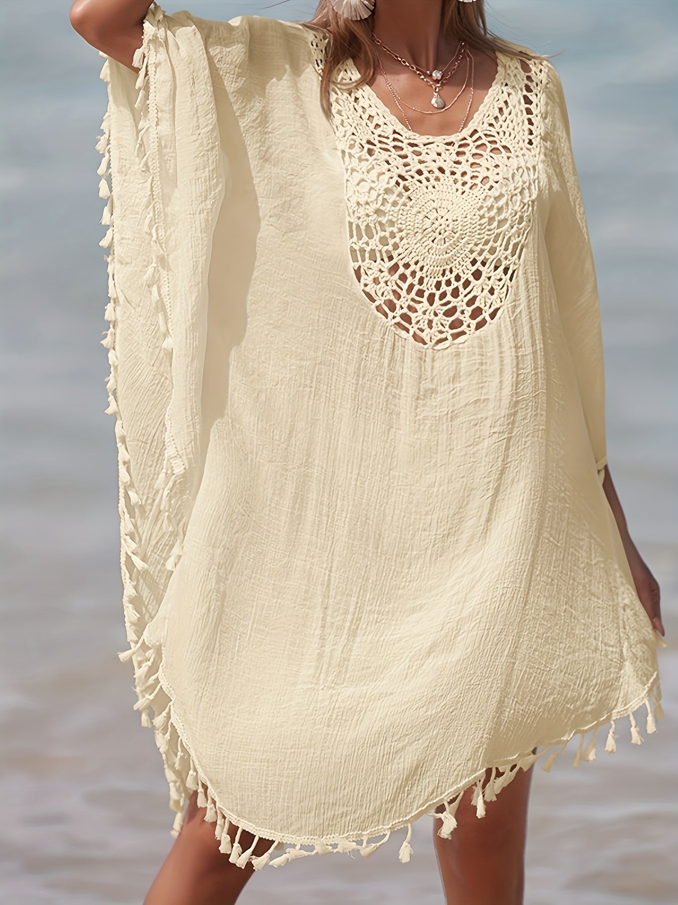 Damen Strand Kaftan Poncho mit Häkel-Details und Fransen – Eleganter Badeüberwurf