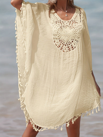 Damen Strand Kaftan Poncho mit Häkel-Details und Fransen – Eleganter Badeüberwurf