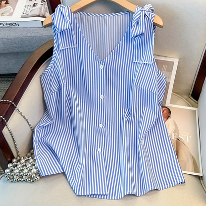 Damen Blusentop mit Streifen und Knopfleiste – Eleganter Sommer-Style für Büro & Freizeit