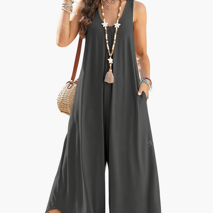 Damen Weites Sommer-Jumpsuit mit V-Ausschnitt und Taschen – Lässiger Einteiler für Alltag und Urlaub