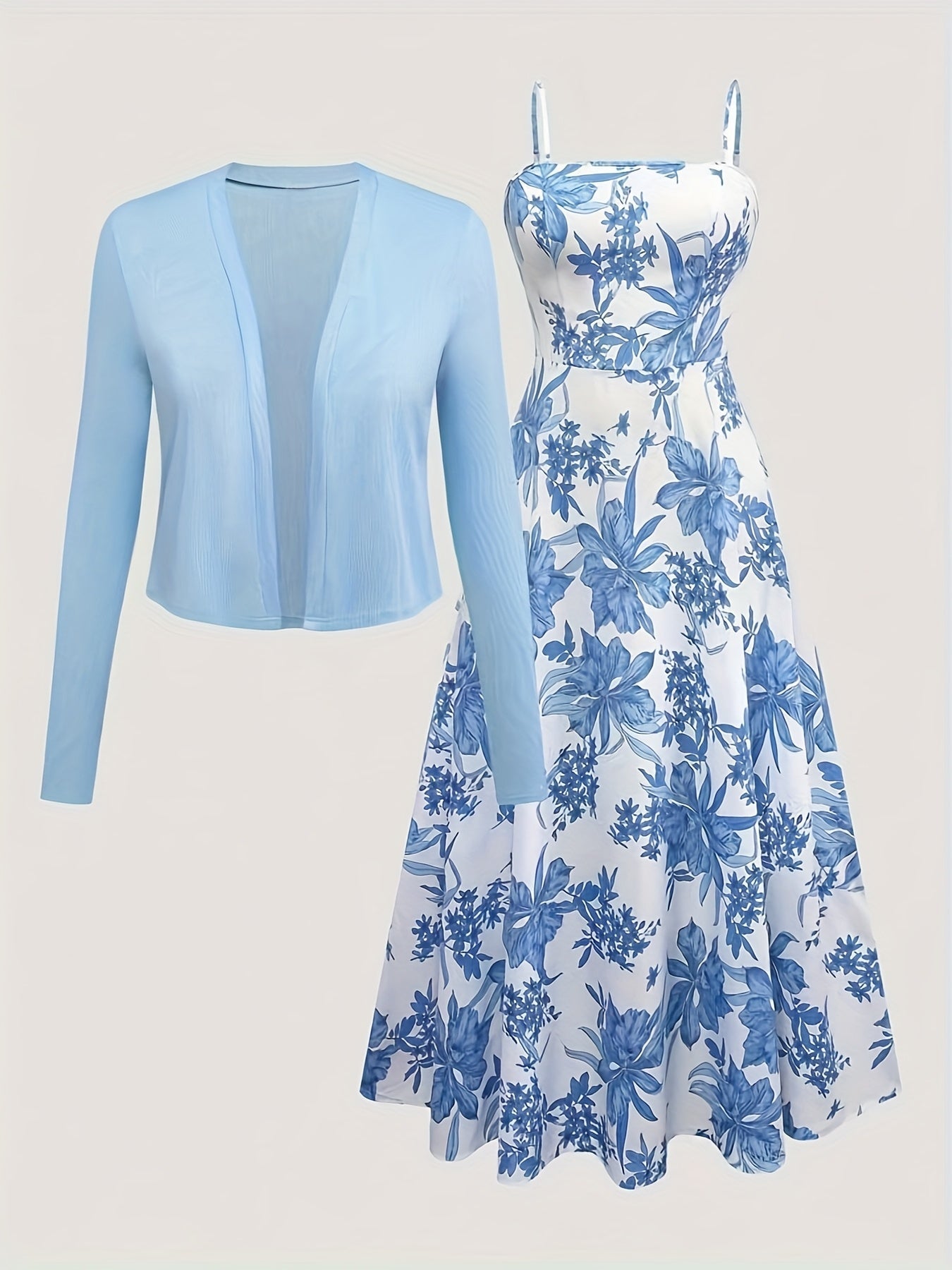 Damen Midikleid mit Blumenmuster und Cardigan – Elegantes Freizeit-Outfit Set für Frühling & Sommer