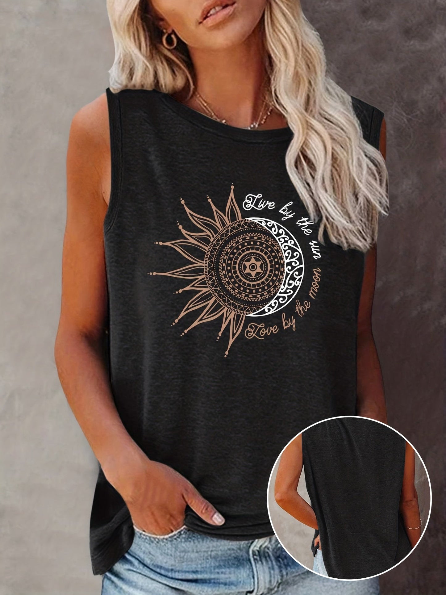 Damen Tanktop mit Mandala-Sonne-Mond-Print – Boho Style Shirt für Freizeit & Sommer