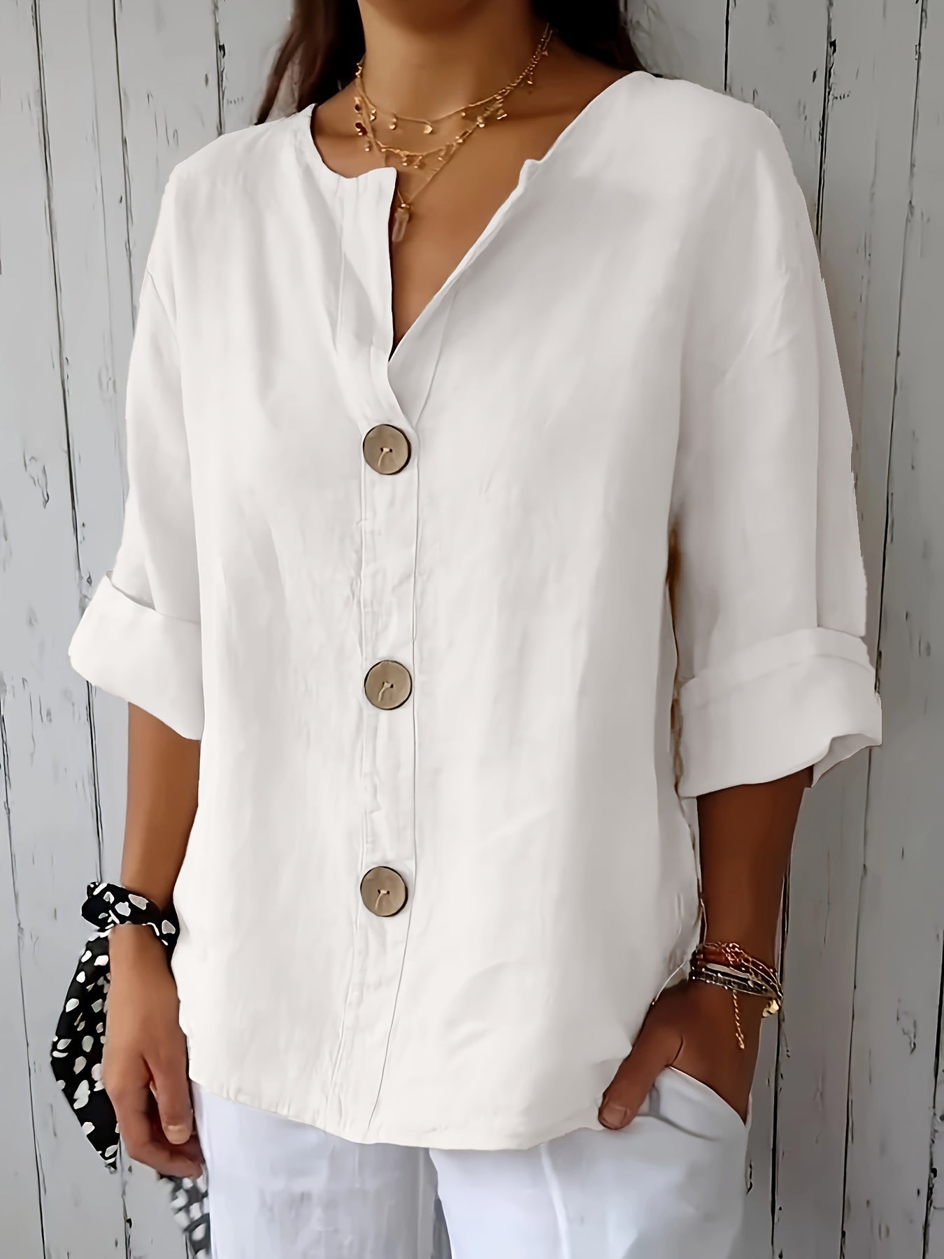 Damen Bluse mit Knopfleiste und 3/4-Ärmeln – Casual Eleganz für Alltag & Büro