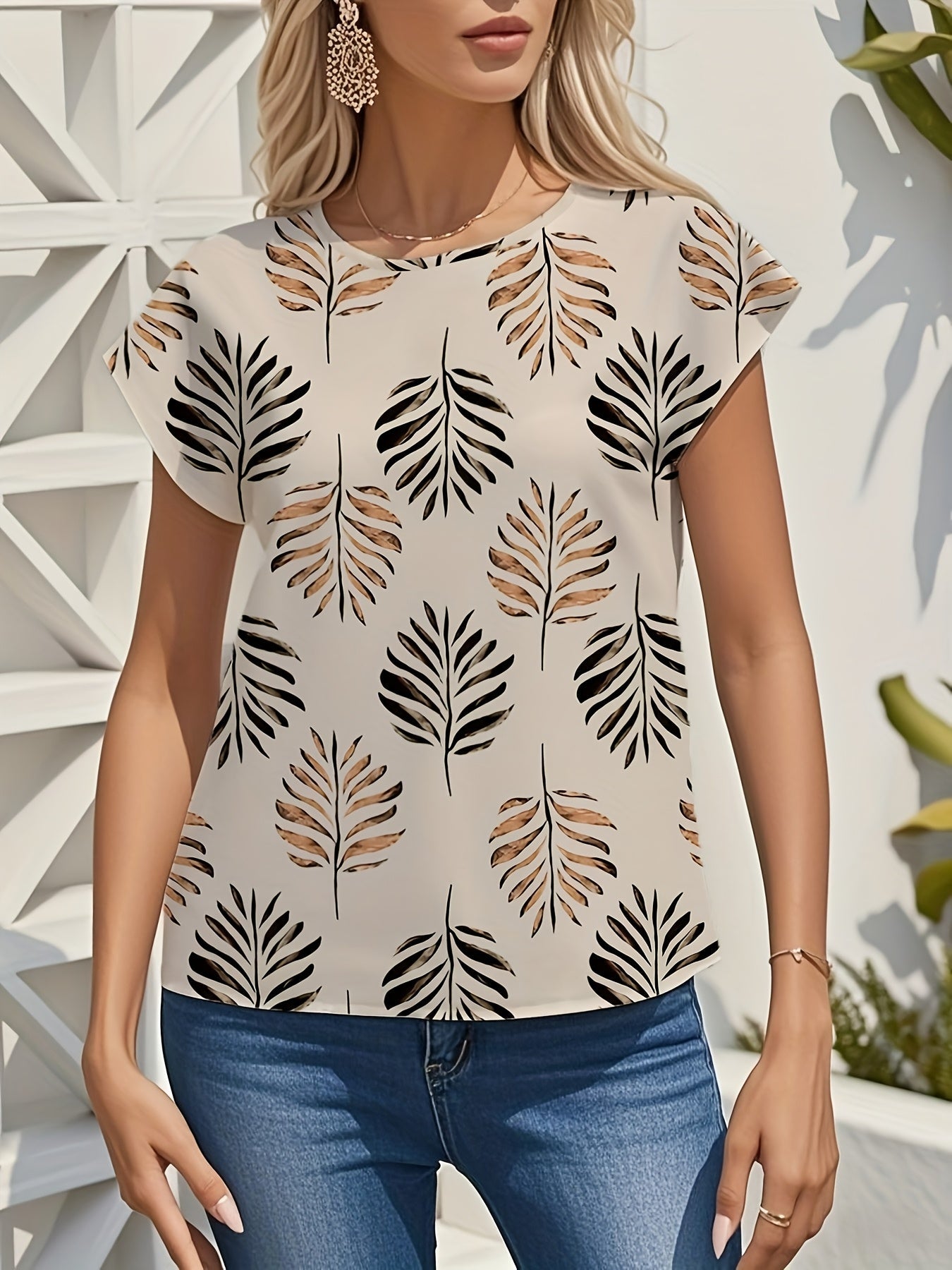 Damen Sommer Bluse mit Blätterdruck – Elegante Freizeitmode für Gartenpartys und Alltag