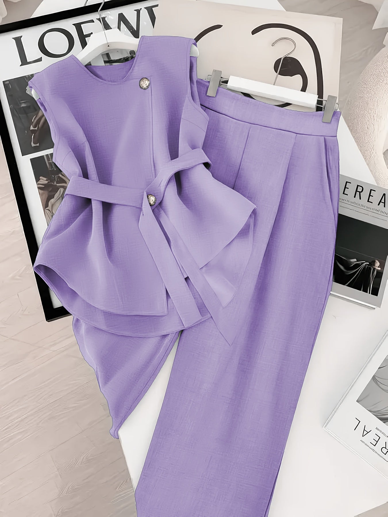 Damen Business Zweiteiler Set – Elegantes Asymmetrisches Top mit Gürtel und Weite Hose für Büro & Alltag