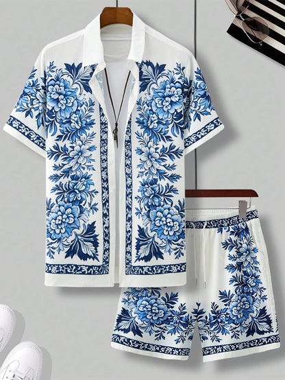 Herren Sommer Set mit Kurzarmhemd und Shorts – Eleganter Freizeitstil mit Blumenmuster für Urlaub & Alltag