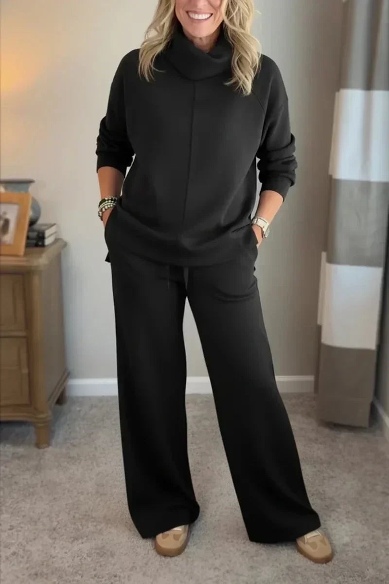 Damen Lounge Set Rollkragen Pullover & Weite Bein Hose Freizeitanzug
