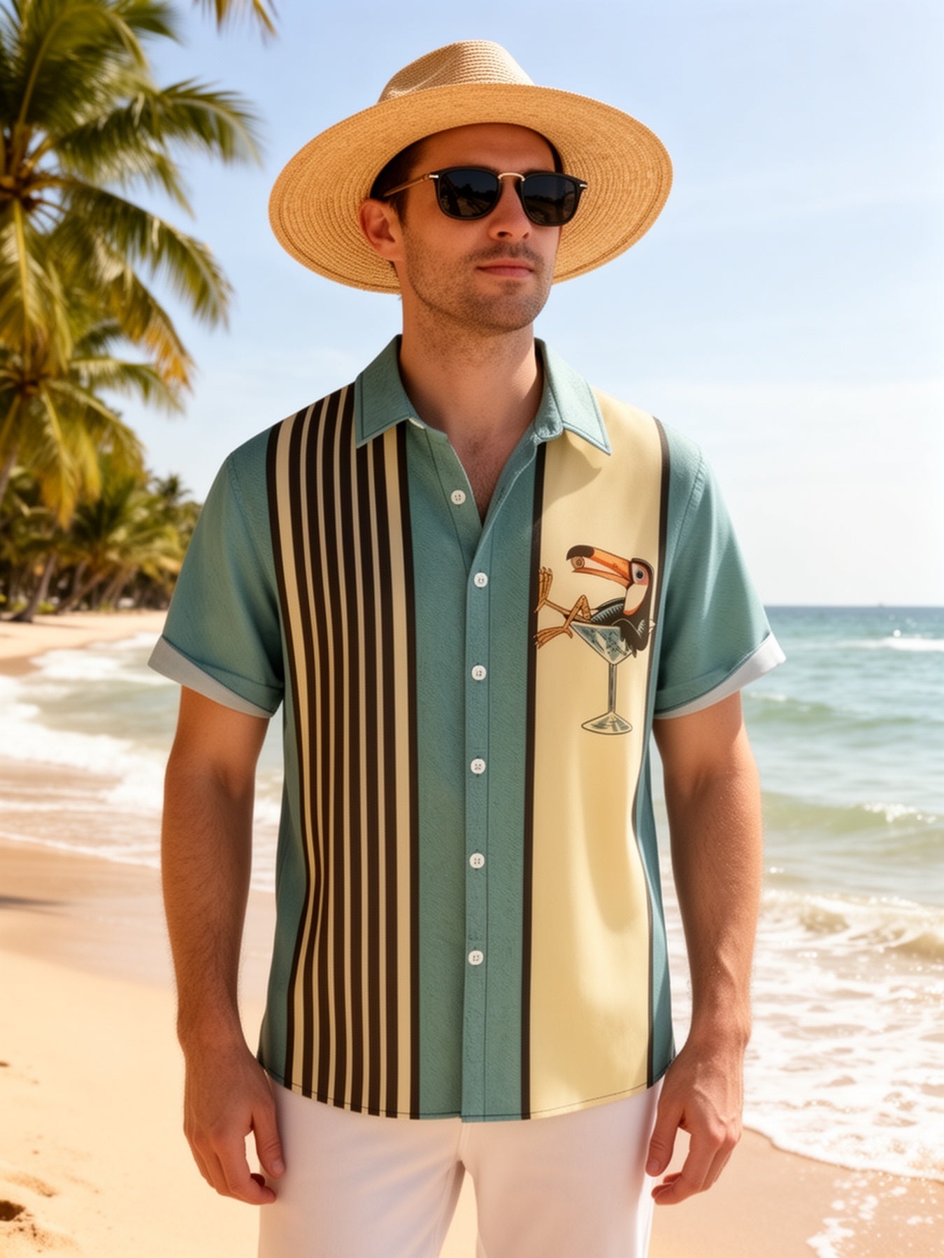 Herren Retro Strandhemd mit tropischem Print und Streifen – Perfekt für Urlaub und Sommer
