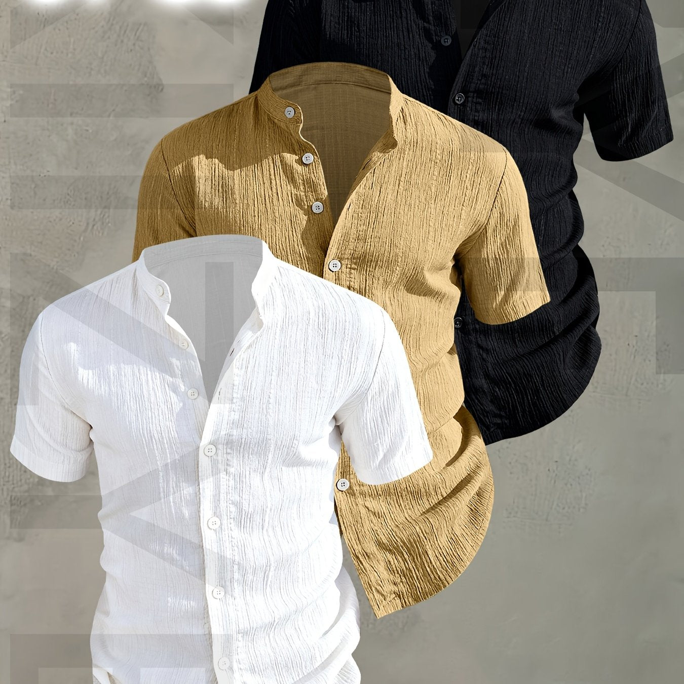 Herren 3er-Pack Stehkragen Hemden – Modischer Freizeit Look, Kurzarm, Knopfleiste