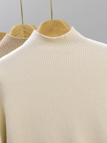 Damen Rippstrick Pullover Stehkragen mit flauschigem Innenfutter Beige