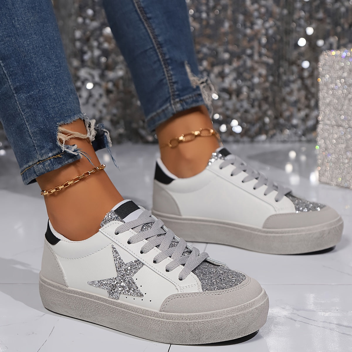 Damen Sneaker mit Glitzerstern – Modische Freizeitschuhe für Alltag & Party