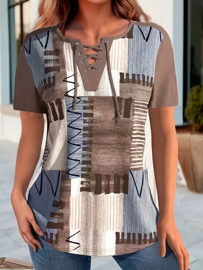 Damen Casual Spitzen-Schnürshirt mit Modernem Geometrischem Muster – Sommer Freizeitbluse mit V-Ausschnitt