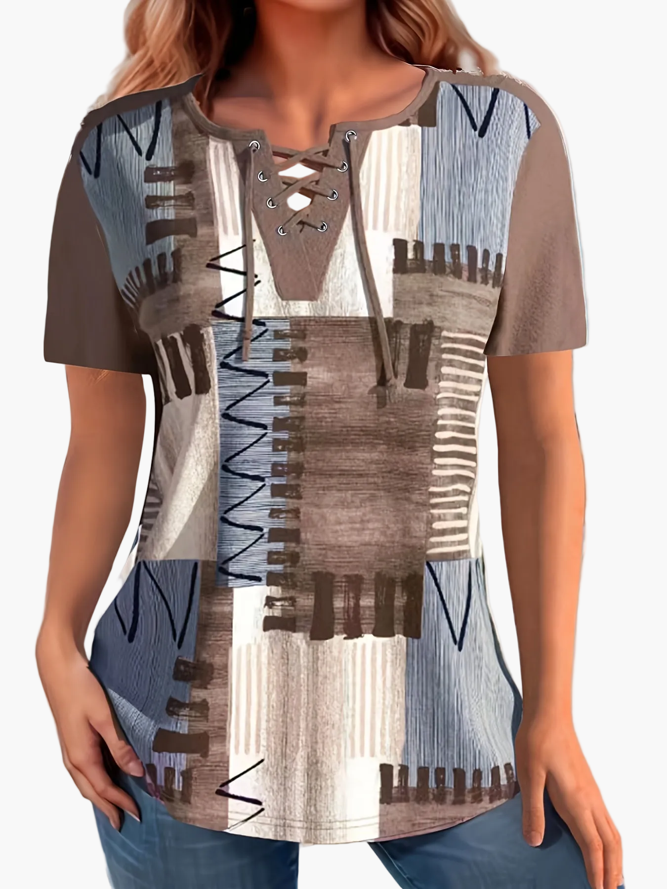 Damen Casual Spitzen-Schnürshirt mit Modernem Geometrischem Muster – Sommer Freizeitbluse mit V-Ausschnitt