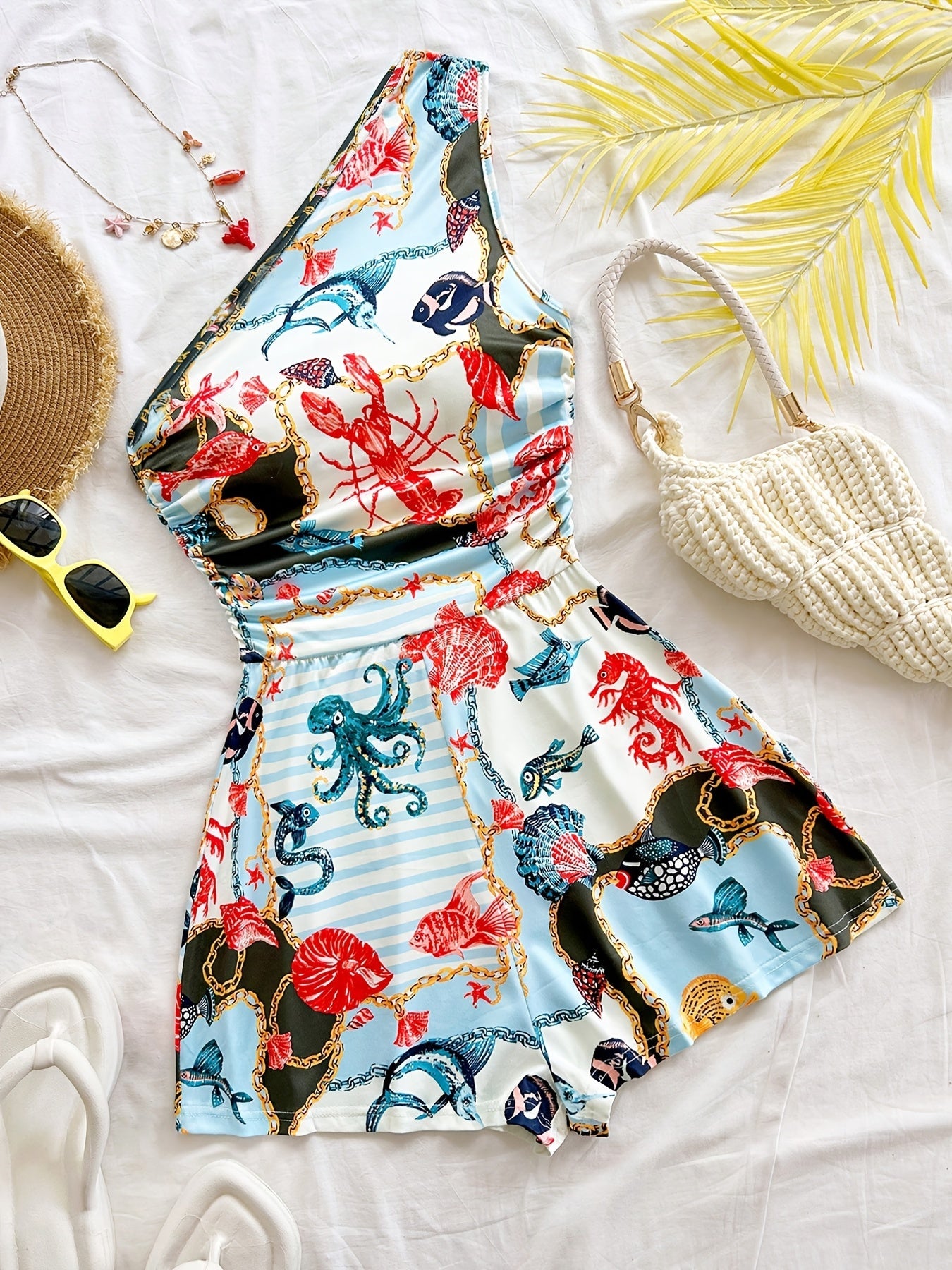 Damen Ein-Schulter-Jumpsuit mit tropischem Print – Modischer Sommer-Overall für Freizeit und Urlaub