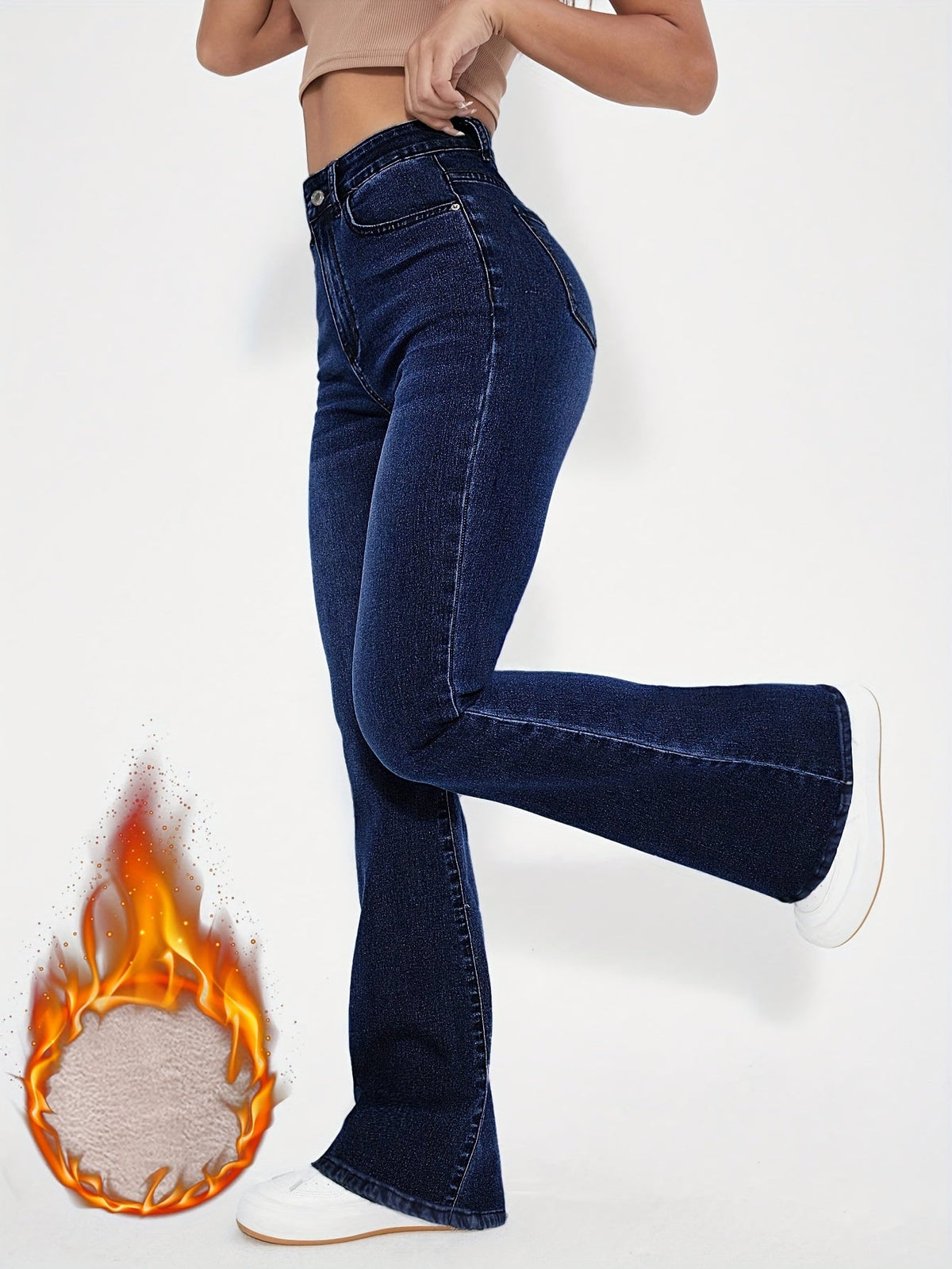 Damen Jeans Dunkelblau Bootcut High Waist Winterfutter
